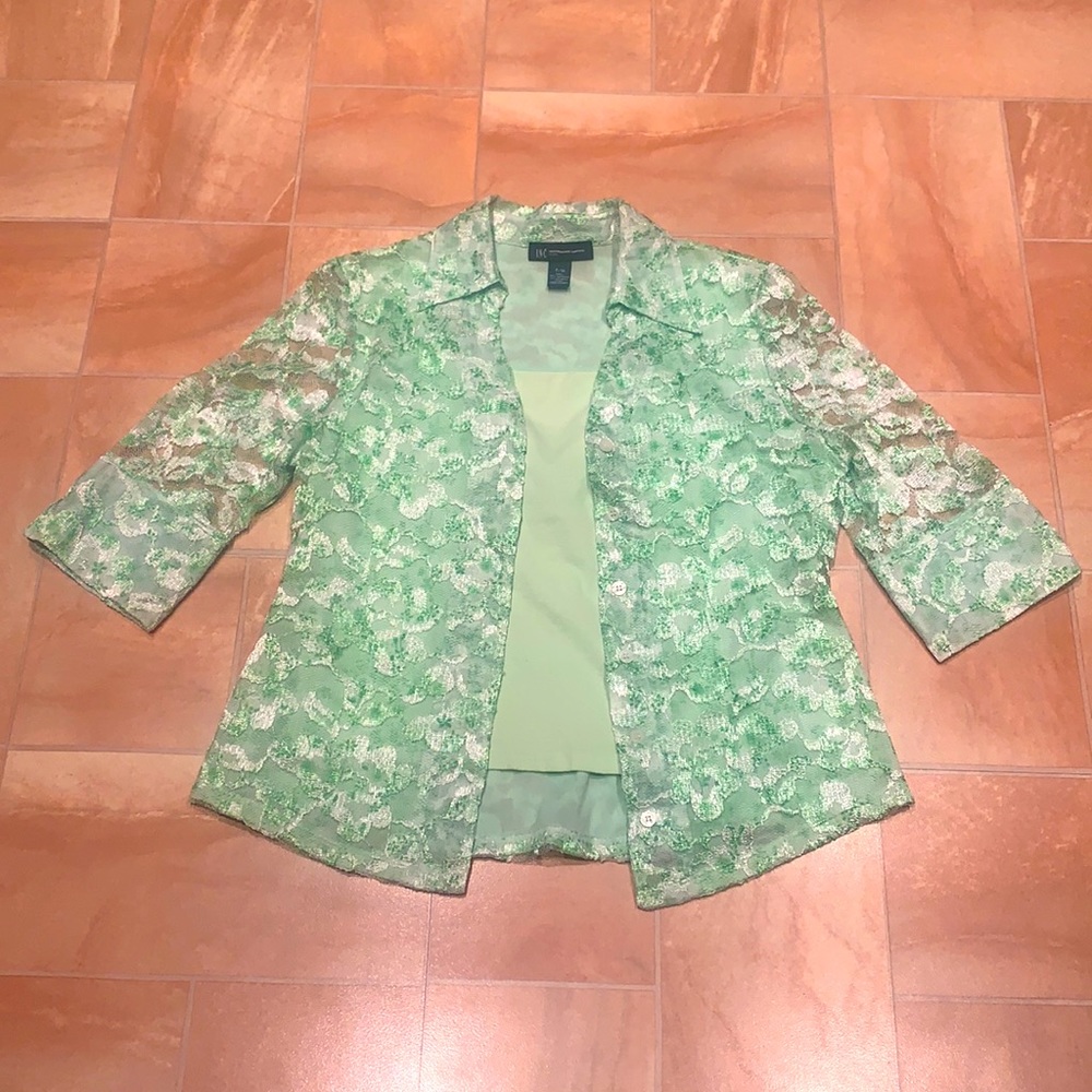 INC Women's Lime Green Lace Quarter Sleeve Button Down Shirt & Cami Top Set